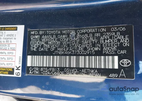 2007 Toyota Camry Le V6 z USA, uszkodzony, nr VIN JTNBK46K373002915